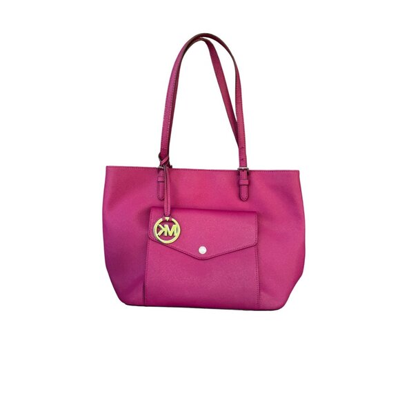 Michael Kors Handbags - Michael Kors Pink Leather Tote Bag With Front Pocket & Logo Charm